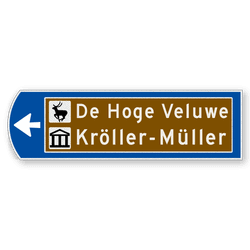 Handwegwijzer klein linkswijzend met bruin veld met 2 pictogrammen en tekst 990x295