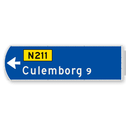 Handwegwijzer groot linkswijzend met autowegnummer en plaatsnaam 1623x481mm