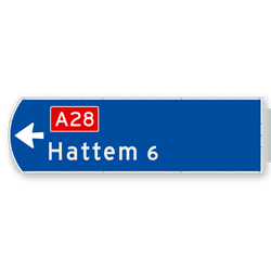 Handwegwijzer groot linkswijzend met snelwegnummer en plaatsnaam 1623x481mm