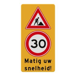 Verkeersbord matig uw snelheid werk in uitvoering - reflecterend