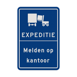 Verkeersbord expeditie melden op kantoor met pictogram blauw/wit - reflecterend