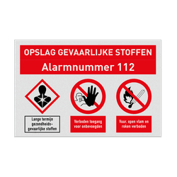 Veiligheidsbord voor opslag gevaarlijke stoffen met alarmnummer en 3 pictogrammen