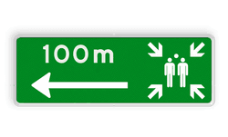 Bord verzamelplaats route met pijl en afstandsaanduiding - reflecterend