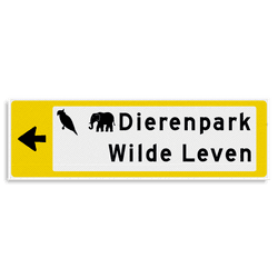 Verwijsbord KOKER Geel/wit/zwart - pijl links, 2 regelig met 2 pictogrammen - Klasse 3 reflecterend