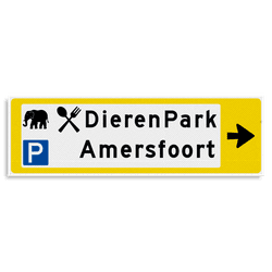 Verwijsbord KOKER Geel/wit/zwart - pijl rechts, 2 regelig met 3 pictogrammen - Klasse 3 reflecterend