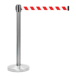 Poteau à sangle rétractable inox chromé avec ruban blanc/rouge 2 m