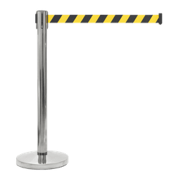 Poteau &agrave; sangle r&eacute;tractable inox chrom&eacute; avec ruban jaune/noir 2 m