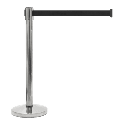 Poteau à sangle rétractable inox chromé avec ruban noir 2 m