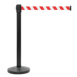 Poteau de balisage en acier noir avec sangle rétractable blanc/rouge – 2 mètres