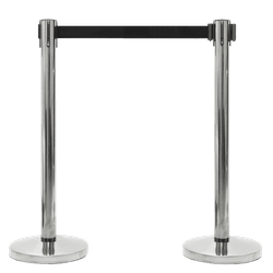 Afzetpaal RVS chroom met uittrekbaar lint zwart 2 meter - compleet set 2 stuks