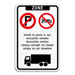 Panneau de zone - interdiction de stationner et de passer la nuit - réfléchissant