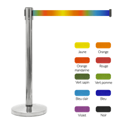 Poteau de balisage en acier inoxydable chromé avec ruban rétractable coloré – 2 mètres