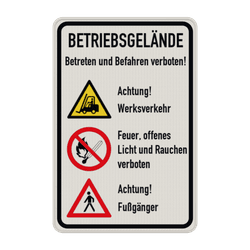 Schild Betriebsgelände Achtung Werksverkehr, Fußgänger + Rauchen verboten