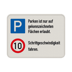 Kombinationsschilder - Betriebsgelände, Parken - Zulässige Höchstgeschwindigkeit 10 km/h