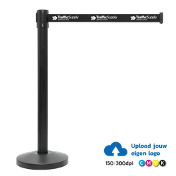 Poteau de balisage noir mat avec sangle r&eacute;tractable noire &ndash; 2 m&egrave;tres