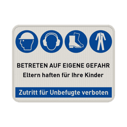 Sicherheitsschild Baustelle mit 4 Gebotszeichen - relfektierend