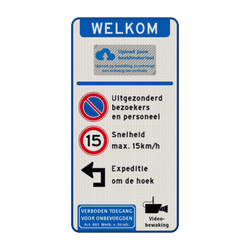 Verkeersbord toegang bedrijventerrein + logo - parkeren/snelheid/expeditie - reflecterend