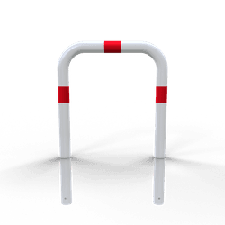 Rammschutzb&uuml;gel &Oslash;76 mm 750 x 1150 mm mit Bodenanker wei&szlig;/rot