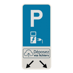 Panneau de stationnement E9 - voiture &eacute;lectrique  + logo personnalis&eacute; + fl&egrave;che d'indication