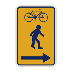 Panneau temporaire Pi&eacute;tons/cyclistes Bruxelles - Jaune/Bleu - Droite