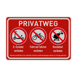 Schild Privatweg, E-Scooter, Fahrrad und Hundekot verboten - reflektierend
