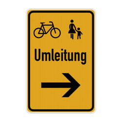 Verkehrsschilder, Umleitung Fussg&auml;nger und Fahrradfahrer mit Pfeil - reflektierend