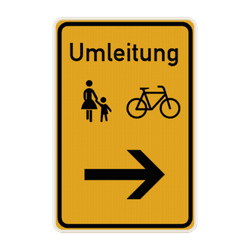 Schilder Umleitung Fussg&auml;nger und Fahrradfahrer mit Pfeil - reflektierend