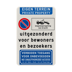 Bord niet parkeren, uitgezonderd bewoners/bezoekers + verboden toegang (2-talig) - reflecterend