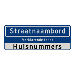 Straatnaambord 14 karakters 800x300mm + ondertekst en huisnummers NEN 1772