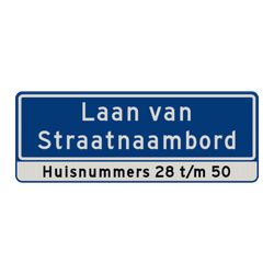 Straatnaambord 28 karakters 800x300mm 2 regelig + huisnummers NEN 1772