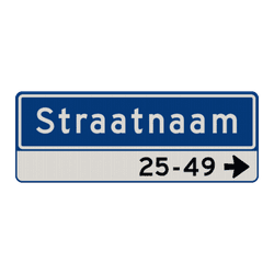 Straatnaambord 11 karakters 800x300mm 1 regelig + pijl en huisnummers NEN 1772