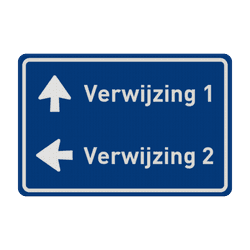 Verkeersbord route/verwijzing met 2 pijlen en eigen tekst (blauw/wit) - reflecterend