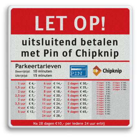 Vierkant informatiebord met parkeertarieven in huisstijl