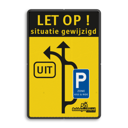 Informatiebord situatie gewijzigd met route uitgang en voor parkeren en logo