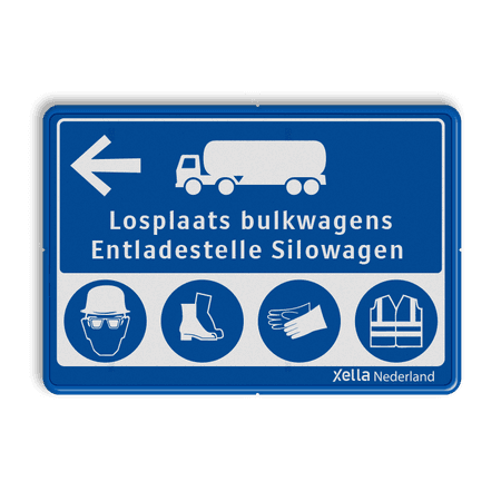 Veiligheidsbord met route en 4 PBM gebodspictogrammen