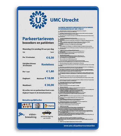 Tarievenbord in huisstijl voor parkeren bezoekers en patiënten