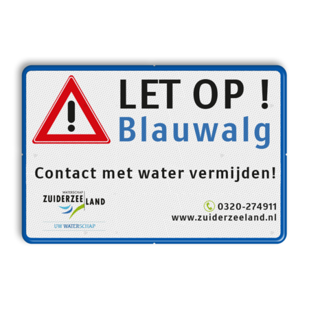 Informatiebord met waarschuwing voor Blauwalg met logo