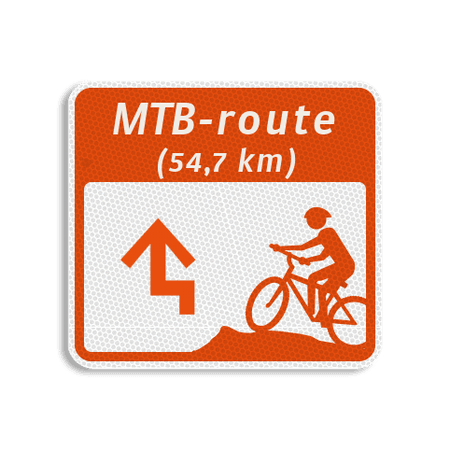 Mountainbikeroutebord 119x109mm met pijl en tekst - klasse 3