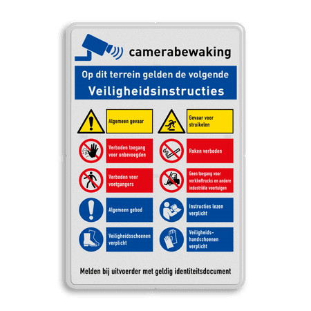 Veiligheidsbord met veiligheidsinstructies, camerabewaking en 10 pictogrammen