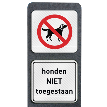 Verzwaarde bermpaal met twee bordjes honden niet toegestaan