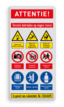 Veiligheidsbord Attentie voor betreden van terrein met 9 pictogrammen