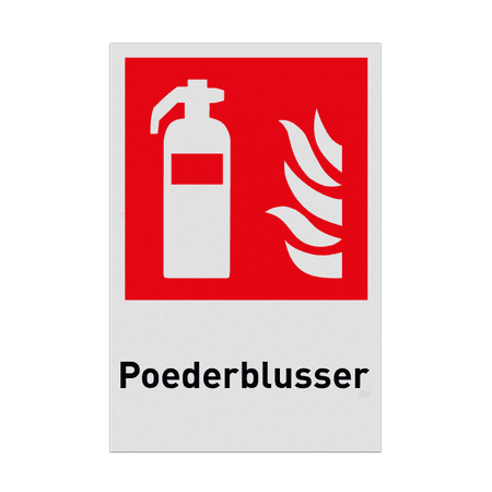 Reflecterende brand bord met pictogram en tekst Poederblusser