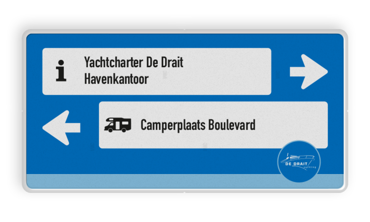 Routebord met pictogrammen, tekst en pijlen in huisstijl