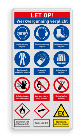 Veiligheidsbord voor betreden terrein met werkvergunning en 12 verschillende pictogrammen