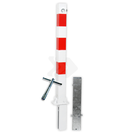 Antiparkeerpaal 70x70mm rood/wit - neerklapbaar en verwijderbaar met grondstuk