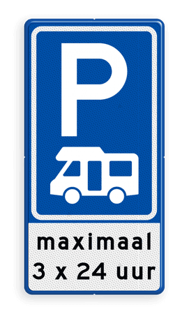 Verkeersbord RVV E08n + 3 txt - Parkeerplaats campers + beperking