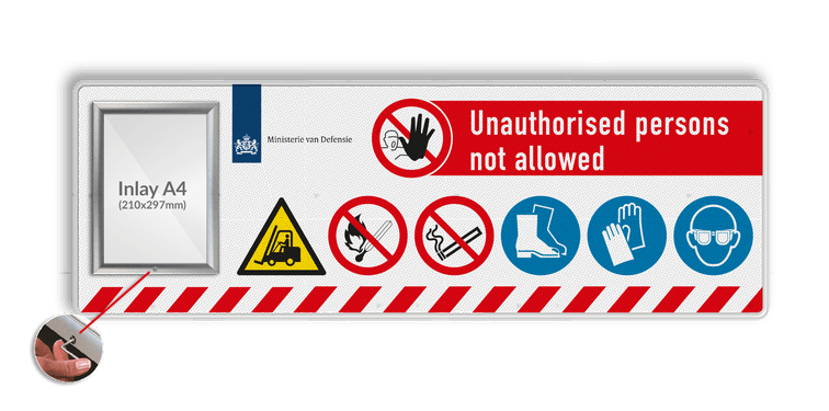 Veiligheidsbord 1540x520mm met posterframe in huisstijl