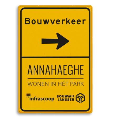 Geel routebord Bouwverkeer met pijl en zwarte tekst en logo's