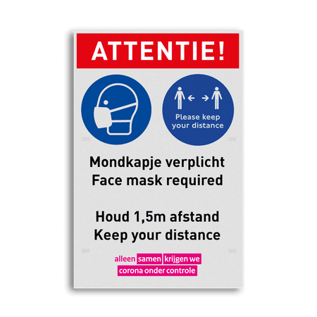 Bord mondkapje dragen verplicht (face mask required) en afstand houden (keep distance)