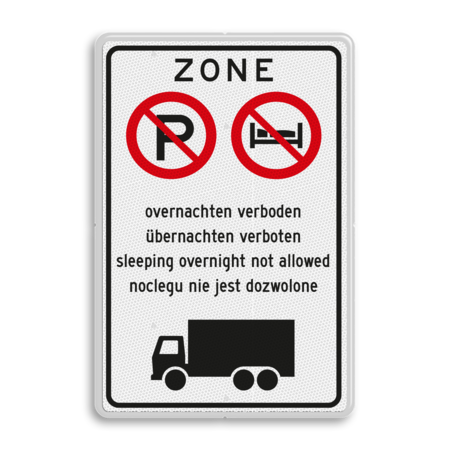 Verkeersbord vrachtwagen chauffeurs overnachten verboden meertalig - reflecterend